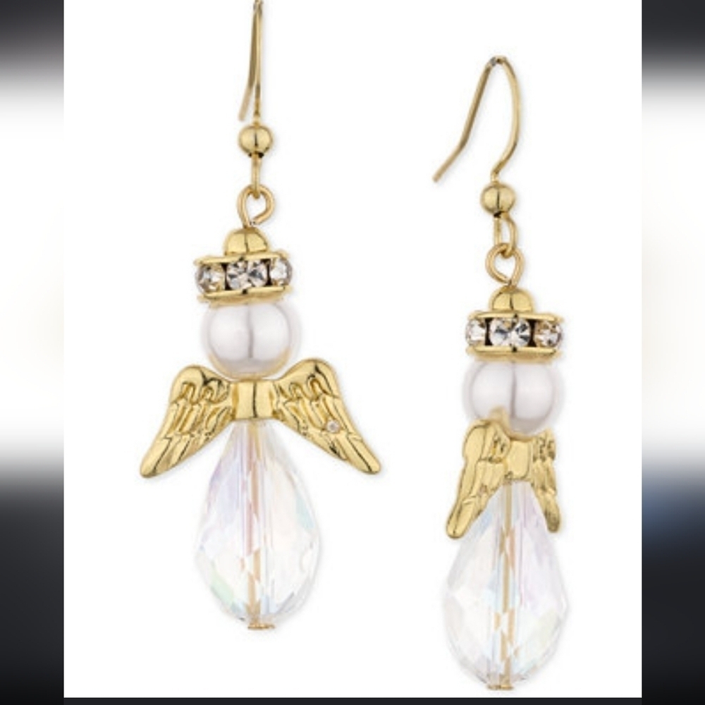 Gold-Tone Imitation Pear & Bead Angel Drop Pierced Earrings NWOT
